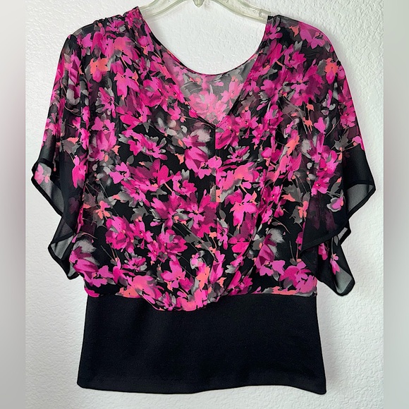 ELLE floral sheer blouse w/ black camisole & black lining // size XS - Picture 6 of 7
